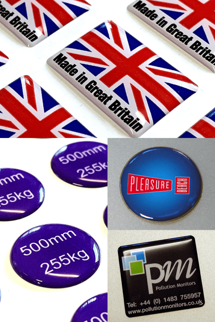 A selection of custom gel badges manufactured by Customark, showcasing various shapes, colours, and branded designs.