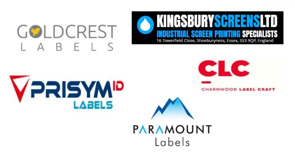 Logos for Goldcrest Labels, Prisym ID Labels, Kingsbury Screens Ltd, Paramount Labels and CLC Charnwood Label Craft