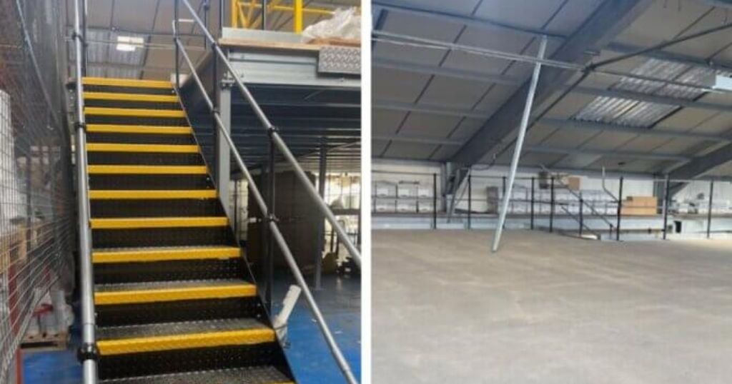 Inside a warehouse with a staircase going up to a mezzanine flooring level