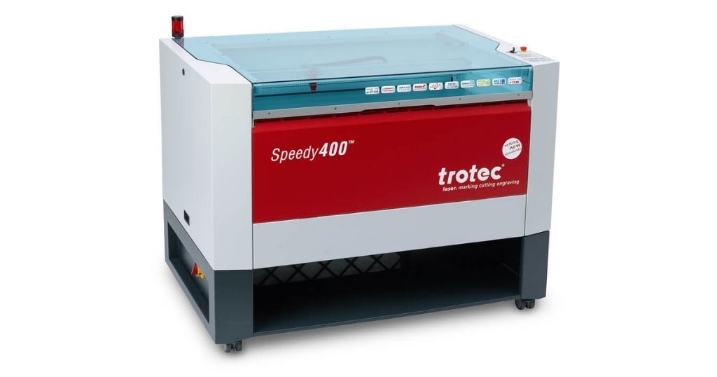 A red, black and grey Trotec s400 printer