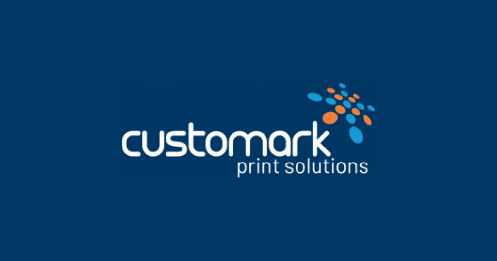 Blue background with the Customark logo on top with the words Print Solutions