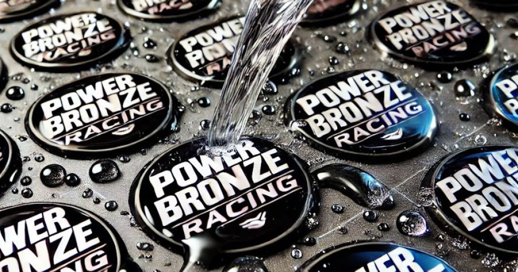 Black raised resin labels with white wording on, and water being poured over the top.