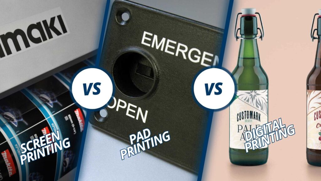 An image showing 3 different types of printing method - digital, pad and screen